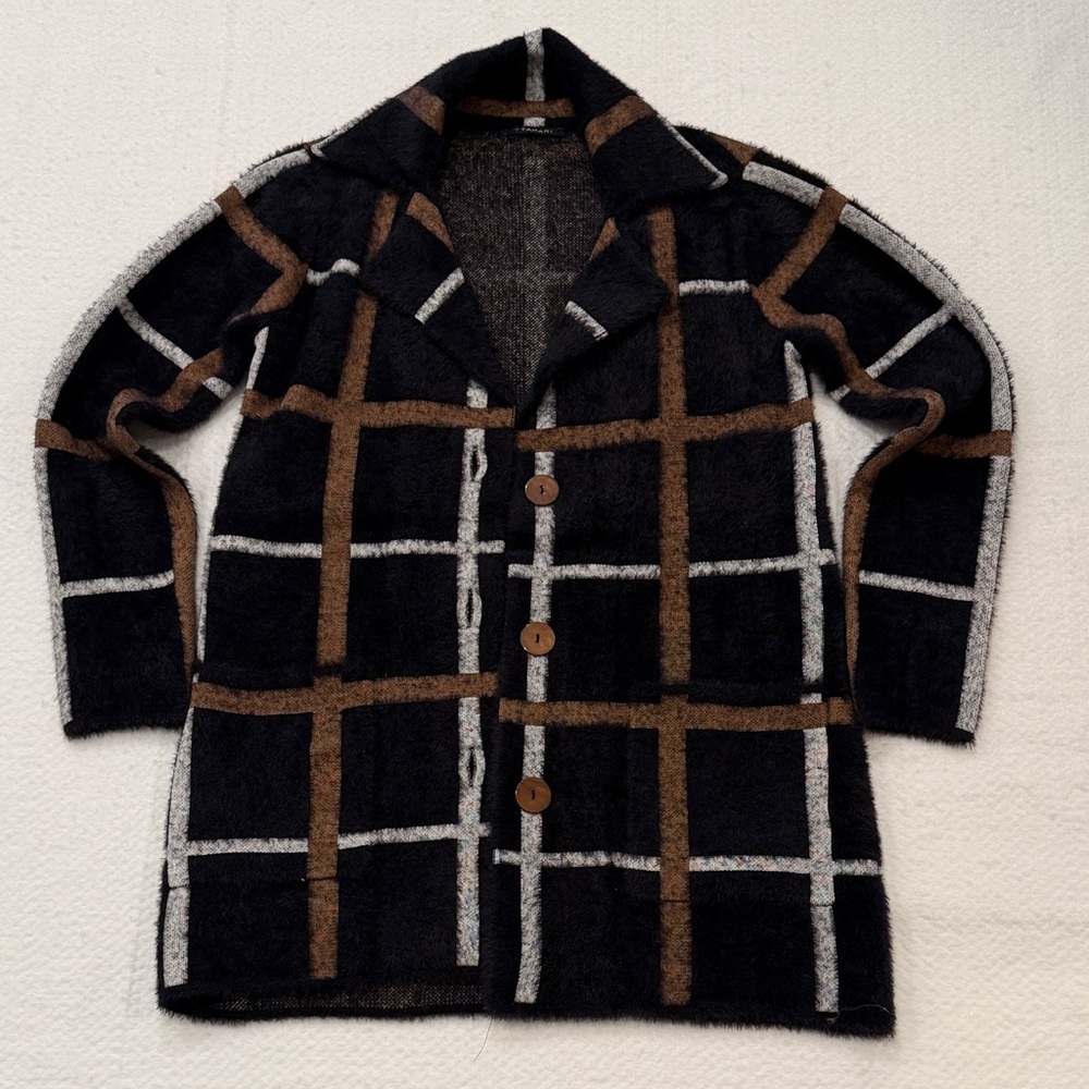 T-Tahari Plaid Button-Up long Cardigan